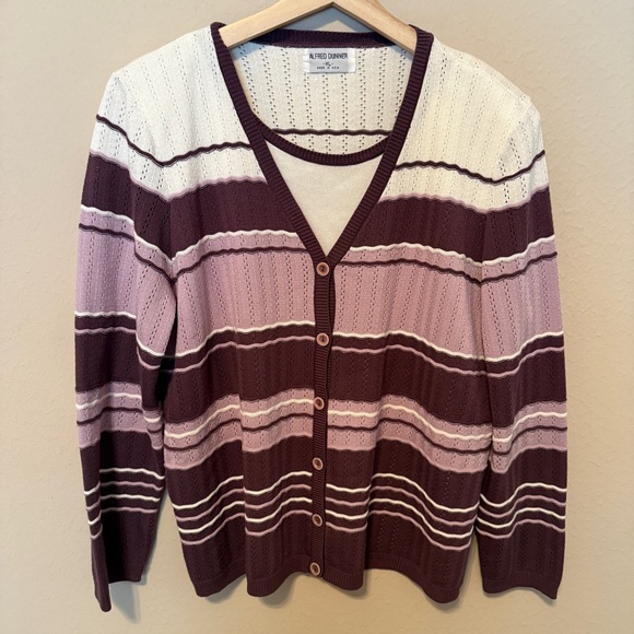 Alfred Dunner Sweaters - Alfred Dunner Women’s Size XL Faux Twinset Sweater Purple White Striped Cardigan